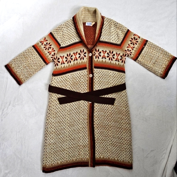 Vintage Boho 60's 70's Fall Color Aztec Button Front Belted Cozy Long Sweater - Picture 14 of 14